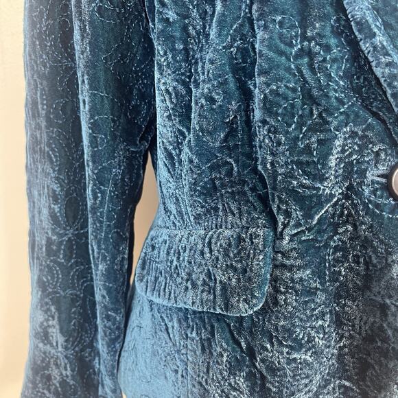 Bandolino Blazer Jacket Women's Size 12 Teal Velvet Floral Embroidered Boho - Picture 5 of 8